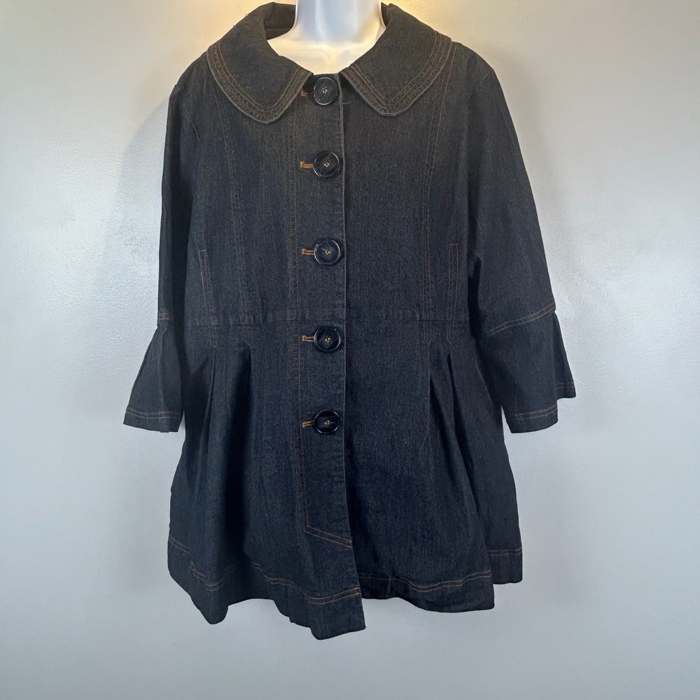 Eden Court Retro Denim Jacket XL Dark Wash Peter Pan Collar Bell Sleeve Peplum
